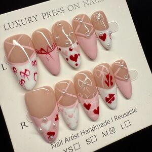 Luxury Press On Nails with Red/Pink Hearts - M